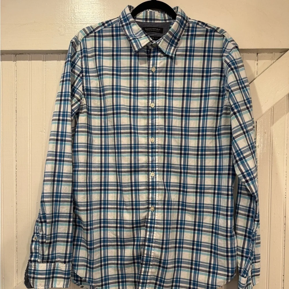 Banana Republic Camden Fit Blue Plaid Button Down Shirt L